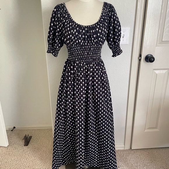 Madewell navy, pink, and White Polka Dot smocked puff sleeve Dress 00/small - Picture 1 of 5